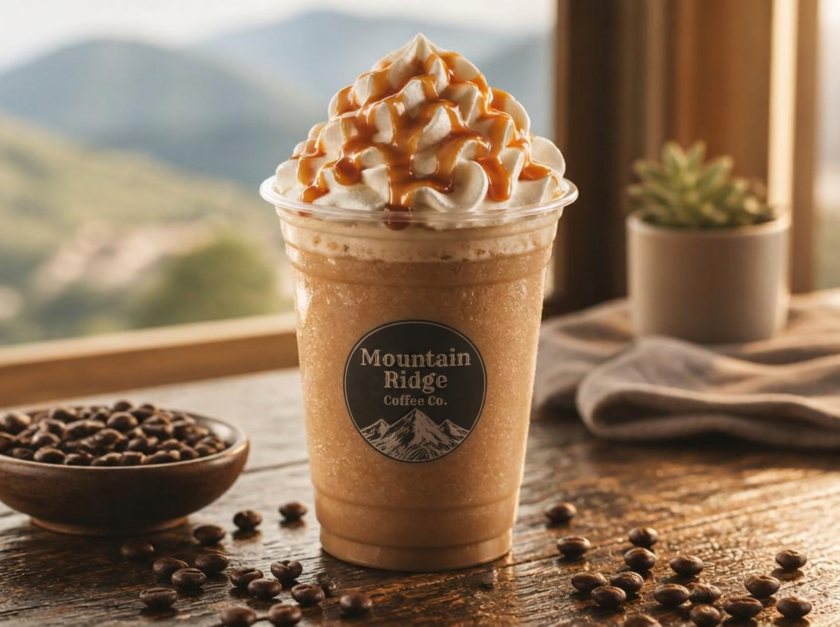 Blended caramel coffee beverage with whipped cream