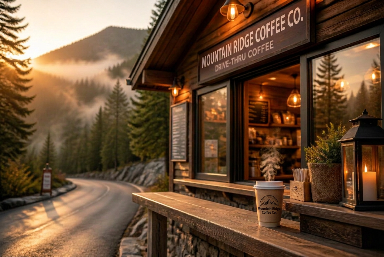Mountain Ridge Coffee Co. drive-thru coffee stand at golden hour